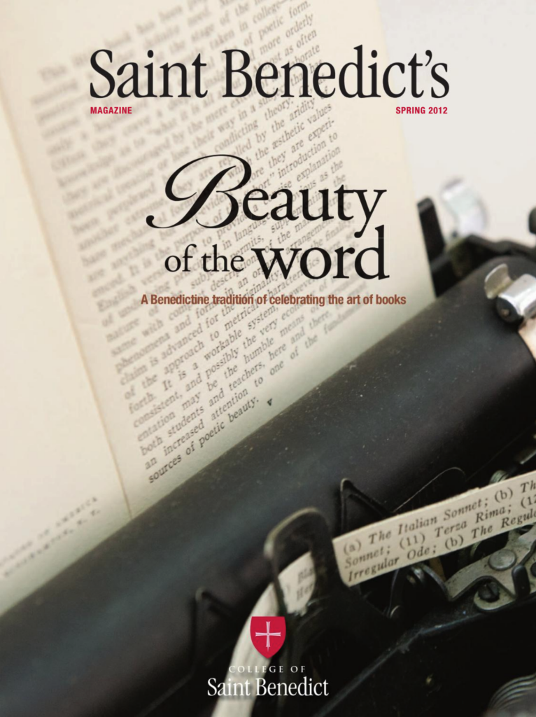 A close-up of a vintage typewriter with a page inserted. The text on the page is partially visible. The image is overlaid with text, including "Saint Benedict's Magazine" and "Beauty of the Word." A red emblem is at the bottom.